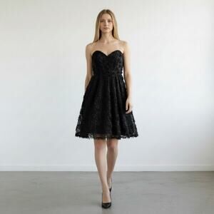 Vtg ABS Black Sweetheart Neckline Strapless 3D Texture Rose Cocktail Dress Sz 8